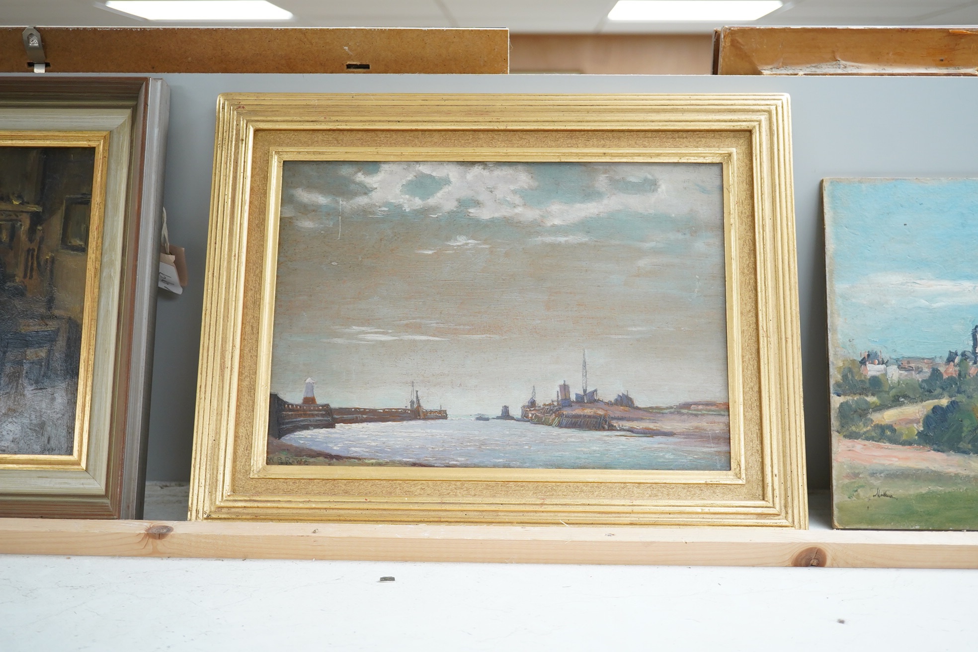 W.B.Rowe (Brighton, 20th. C), oil on board, Shoreham harbour entrance, signed, circa 1920, 24 x 34cm, gilt framed. Condition - good